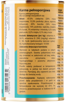 Tył puszki karmy Dobry Pies Junior Cielęcina z Kaczką, biało-niebiesko-pomarańczowa etykieta ze składem dla szczeniąt.
