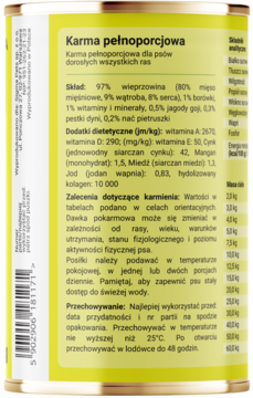 Tył puszki mokrej karmy dla psów Dobry Pies Czysta Proteina + Kolagen, Wieprzowina z etykietą i składem.