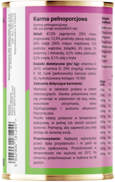 Tył opakowania mokrej karmy Dobry Pies Junior Jagnięcina z Indykiem dla szczeniąt, zielono-różowa etykieta z informacjami.