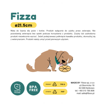 Infografika maty Fizza ø21.5cm do lizania dla psa/kota. Pies liże żółtą matę. BPA Free, Made in Poland.