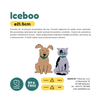 Biała etykieta Fiboo Iceboo foremka na lody dla psa, z ilustracjami psa i kota, ø21.5cm.