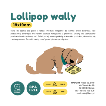 Mata do lizania Lollipop Wally 19x19cm. Ilustracja psa liżącego zieloną matę na białym tle. BPA Free.