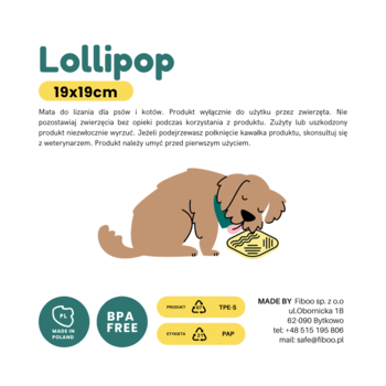 Biała grafika maty do lizania Fiboo Lollipop 19x19cm, pies je, uspokaja psa i kota.