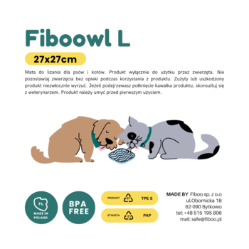 Ilustracja: mata do lizania Fiboowl L 27x27cm dla psów i kotów. Pies i kot jedzą z niebieskiej maty. Etykiety BPA FREE.