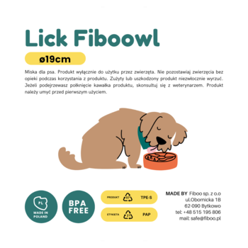 Lick Fiboowl miska mata do lizania dla psa Ø19cm. Grafika: brązowy pies liże pomarańczową miskę.