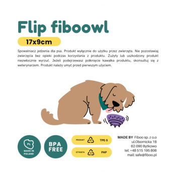Ilustracja brązowego psa jedzącego z fioletowej, teksturowanej miski spowalniającej Flip Fiboowl 17cm.