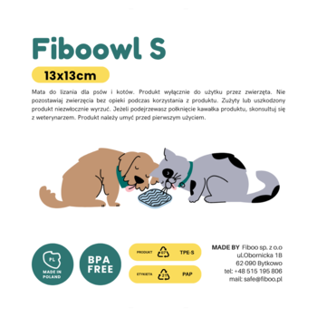 Fiboowl S, mata do lizania 13x13cm. Ilustracja psa i kota liżących niebieską, fakturowaną matę na białym tle.