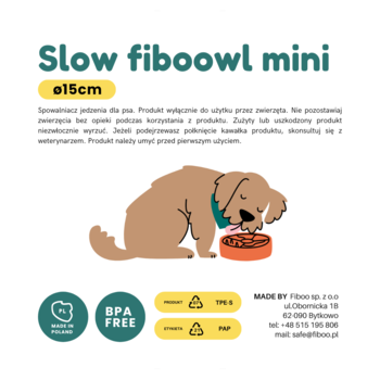 Ilustracja Slow Fiboowl Mini, miski spowalniającej jedzenie dla psa, z kreskówkowym psem. Średnica 15 cm.