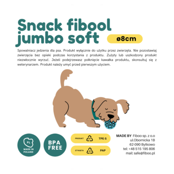 Rysunek psa bawiącego się niebieską, miękką piłką Fiboo Snack Fibool Jumbo Soft 8cm na białym tle.