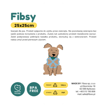 Fibsy Soft, miękki szarpak dla psów 25x25cm, z recyklingu, na białym tle z rysunkiem psa.