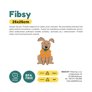 FiBoo Fibsy miękki szarpak dla psów 25x25cm, biała etykieta z brązowym rysunkiem psa w pomarańczowej muszce.
