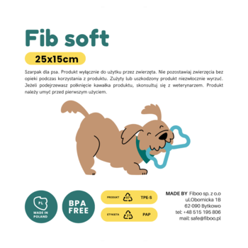 Ilustracja psa bawiącego się niebieskim, miękkim szarpakiem Fiboo Fib Soft, delikatnym dla zębów.