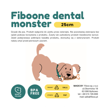 Ilustracja: brązowy pies gryzie beżowy Fiboone Dental Monster 25cm, ekologiczny gryzak dla psów.