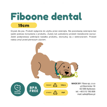 Fiboone Dental 19cm: grafika przedstawiająca gryzak dentystyczny dla psa. Białe tło, rysunek psa z gryzakiem.