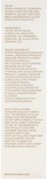 Boczny panel mgiełki Zen Relax Pillow Mist: składniki (zielona herbata, mięta, eukaliptus) i środki ostrożności.