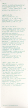 Tył opakowania mgiełki Deep Night Pillow Mist Ylang Ylang, ze składem i ostrzeżeniami po polsku i angielsku.
