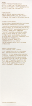 Tył opakowania mgiełki Zen Relax Pillow Mist ze składem: hydrolat oczarowy, zielona herbata, mięta, eukaliptus.