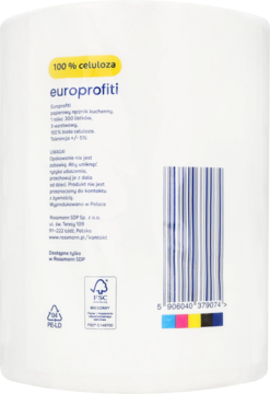 Tył białego ręcznika papierowego Europrofitti, 100% celuloza, dwuwarstwowy, z kodem kreskowym i opisem.