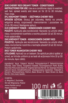 Tył opakowania Cherry Red Creamy Toner Conditioner 100ml z instrukcją użycia w kilku językach i listą składników.
