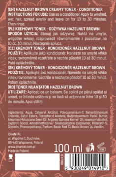 Tył brązowego opakowania tonera-odżywki Hazelnut Brown 100ml z instrukcjami i listą składników.