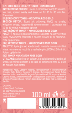 Tył różowej tubki tonera-odżywki Rose Gold 100ml z instrukcjami w pięciu językach i listą składników.