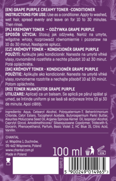 Tył fioletowej butelki tonera-odżywki do włosów Sessio Grape Purple 100 ml z etykietą i składem.