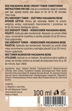Tył opakowania Chantal Macadamia Beige Creamy Toner-Conditioner 100ml z instrukcjami.