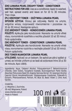 Tył fioletowego opakowania tonera Chantal Lunaria Pearl 100ml, widoczne instrukcje użycia i lista składników.