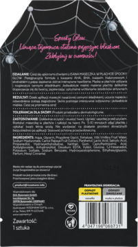 Tył opakowania maski do twarzy Isana Spooky Glow w czarnym saszetce z pajęczyną, detale i instrukcje po polsku.