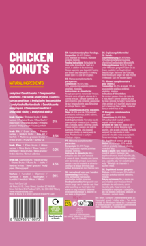 Tył różowego opakowania Misty & Bluey Chicken Donuts, przysmak dla psa, z białym napisem i składem.