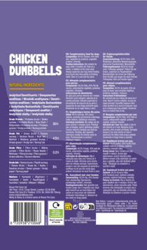 Tył fioletowego opakowania przysmaków Misty & Bluey Chicken Dumbbells dla psa, z wielojęzyczną listą składników.