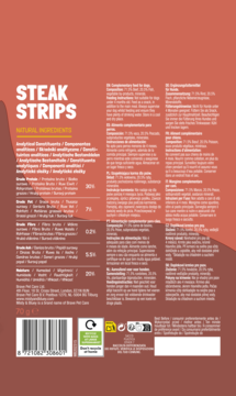 Czerwono-brązowy tył opakowania przysmaków dla psa Misty & Bluey Steak Strips, ze składem.