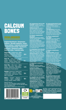 Misty & Bluey Calcium Bones, tył turkusowego opakowania z białym tekstem, lista składników i wartości odżywczych.