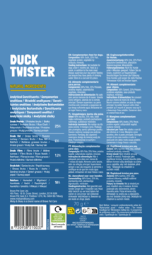 Tył niebieskiego opakowania Duck Twister przysmaków dla psa, z widocznym składem, danymi odżywczymi i kodem EAN.