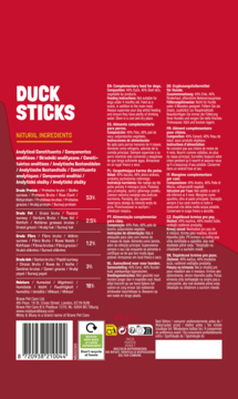 Tył czerwonego opakowania Misty & Bluey Duck Sticks dla psa z białymi napisami, kodem kreskowym i składem.