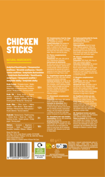 Tył opakowania Misty & Bluey Chicken Sticks, naturalne przysmaki dla psa 60g. Detale składu, wartości odżywcze, kod kreskowy.