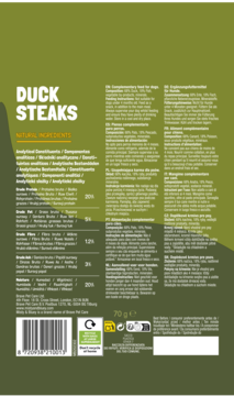 Tył oliwkowego opakowania Misty & Bluey Duck Steaks, bezzbożowy przysmak dla psa z kaczką, lista składników.