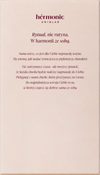 Tył opakowania hérmonic UNIQAB, beżowe z ciemnobrązowym tekstem „Rytuał, nie rutyna. W harmonii ze sobą.”