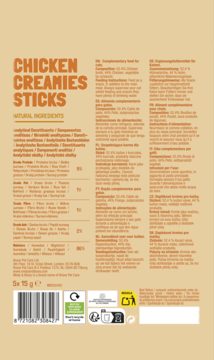 Tył beżowego opakowania Misty & Bluey Chicken Creamies Sticks, kremowy przysmak dla kota. Informacje, kod kreskowy.