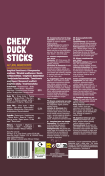 Tył opakowania Misty & Bluey Chewy Duck Sticks. Widoczne informacje o składzie i wartościach odżywczych.