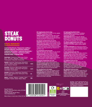 Tył opakowania Misty & Bluey Steak Donuts, mięsnych, bezzbożowych przysmaków dla psa, widoczne etykiety i kod kreskowy.