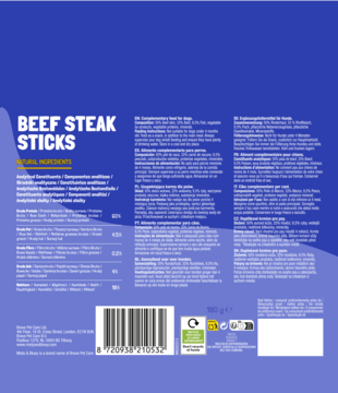 Niebieski tył opakowania Misty & Bluey Beef Steak Sticks dla psa, ze składnikami, kodem kreskowym i certyfikatami.