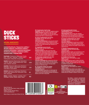 Tył czerwonego opakowania przysmaków z kaczki dla psa Misty & Bluey Duck Sticks z białym tekstem i kodem kreskowym.