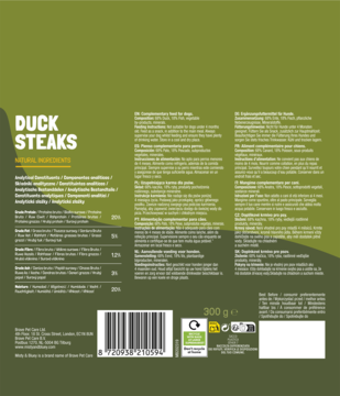 Tył zielonego opakowania Misty & Bluey Duck Steaks, naturalnych przysmaków dla psa, z kodem kreskowym i składem.
