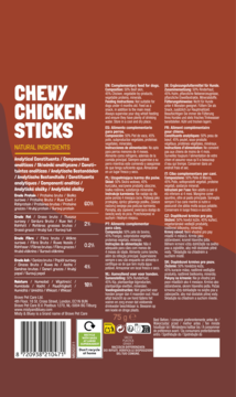 Tył brązowego opakowania Misty & Bluey Chewy Chicken Sticks dla psa, z tekstem o składnikach i kodem EAN.