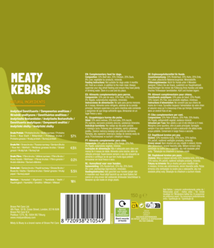 Tył opakowania Misty & Bluey Meaty Kebabs dla psa, oliwkowe tło, z widocznym kodem kreskowym i składnikami.