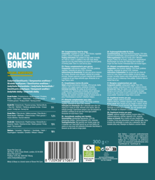 Tył opakowania Misty & Bluey Calcium Bones dla psa. Widoczna lista składników, kod kreskowy i waga 300g.