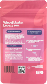 Tył różowego opakowania Glow in Bed plastrów na usta, z opisem korzyści, składników i kodem QR.