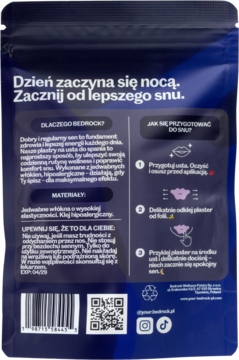 Tył granatowego opakowania jedwabnych plastrów na usta Better in Bed, z polskimi instrukcjami i kodami.