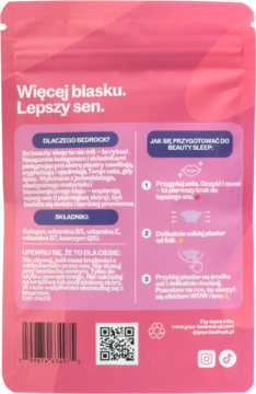 Tył różowego opakowania Glow in Bed, plastry na usta. Tekst o korzyściach, składnikach: kolagen, witaminy.